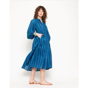 Matta Jaya Riviera Cotton Striped Balloon Sleeve Tiered Dress Capri Blue Size S